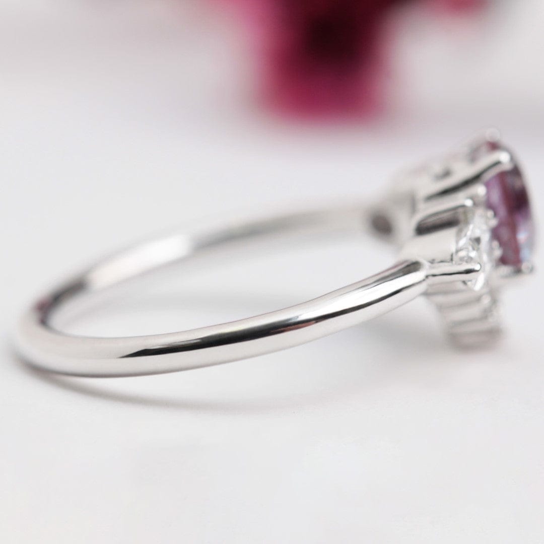 Alexandrite and lab diamond cluster engagement ring white gold