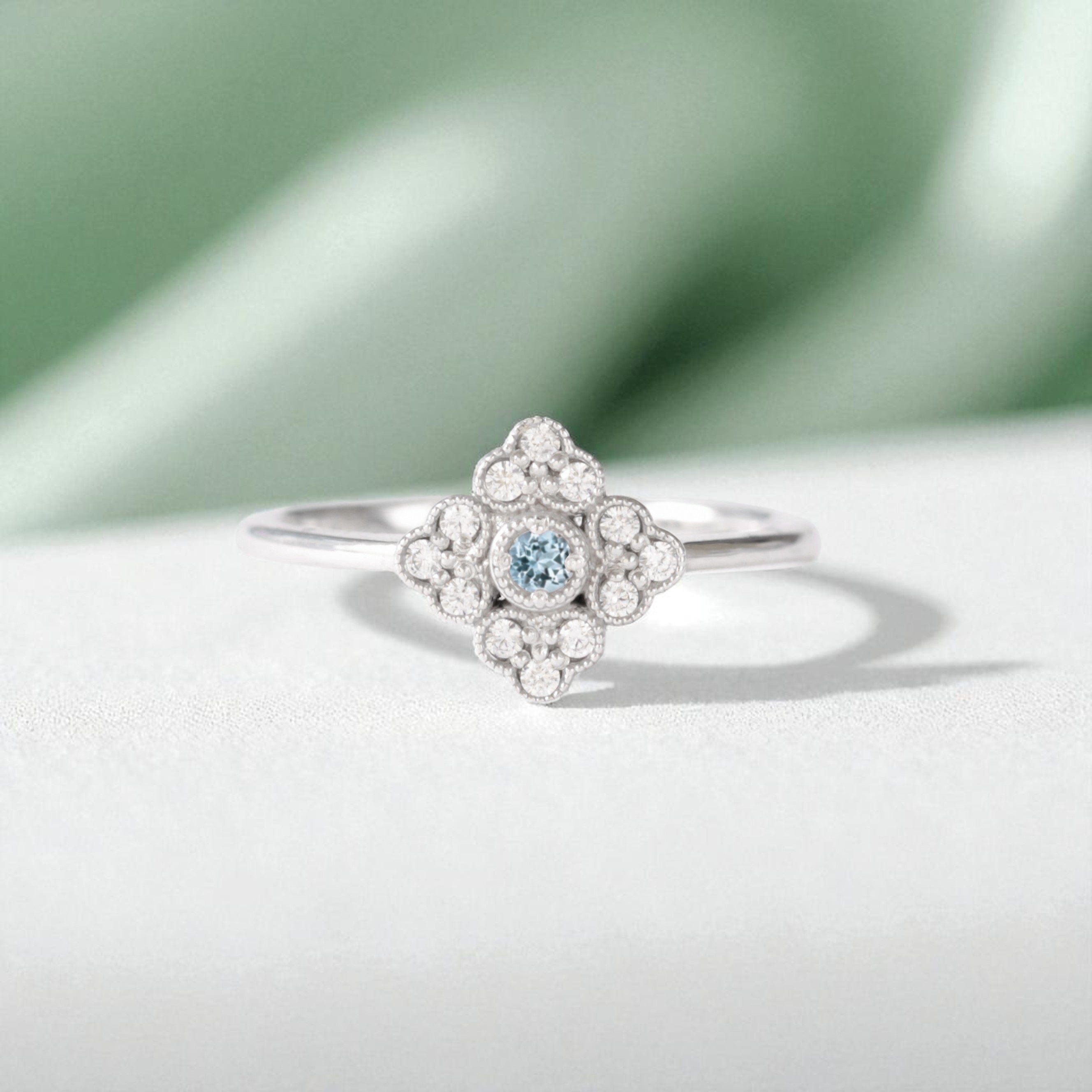 antique style aquamarine diamond engagement ring white gold