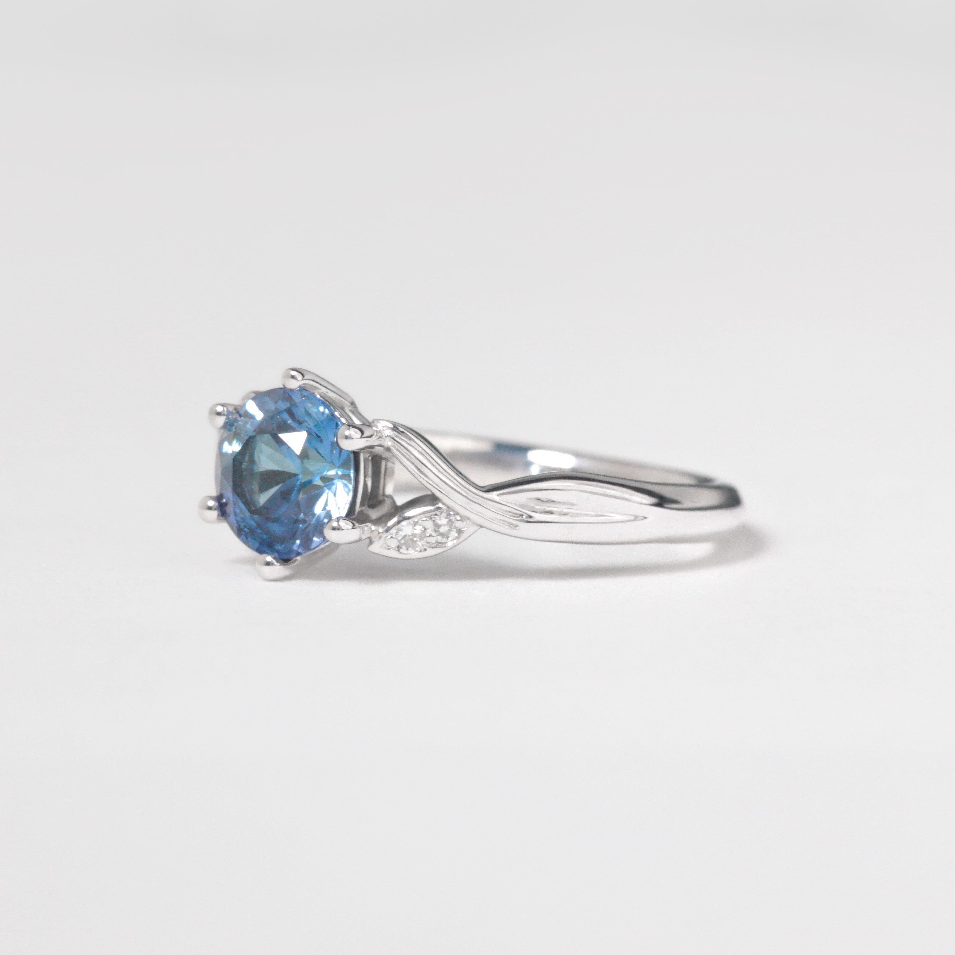 nature inspired lab created blue sapphire ring with diamonds white gold