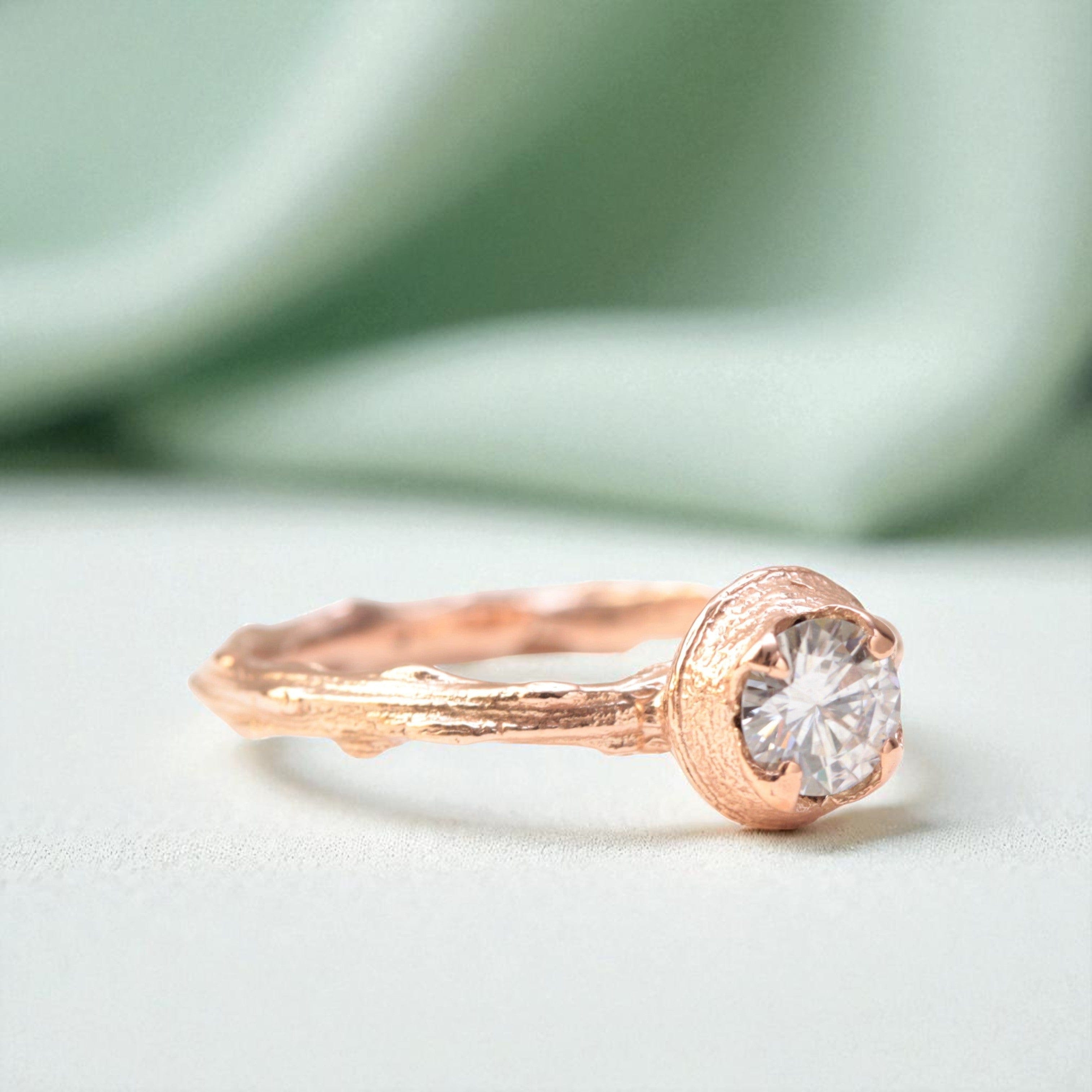 moissanite twig engagement ring rose gold