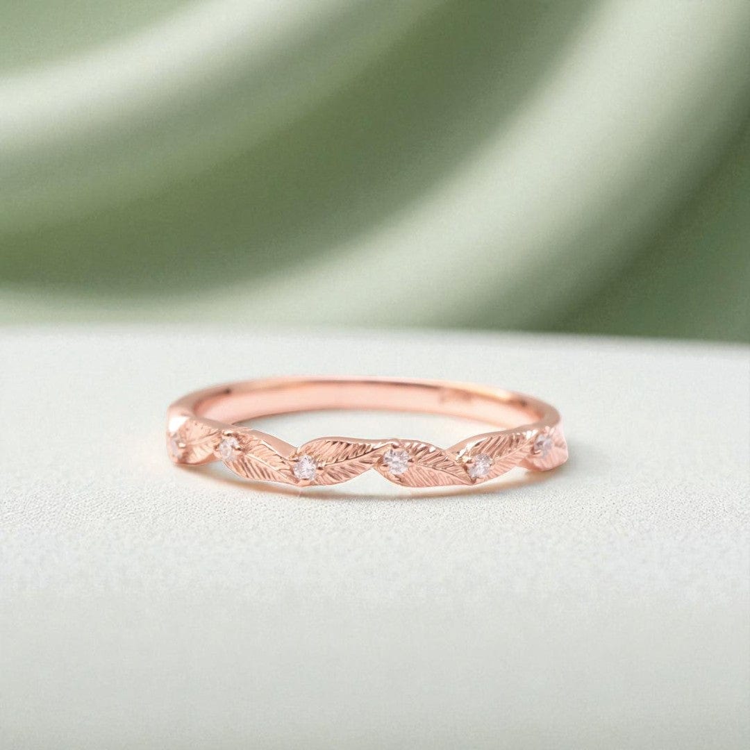 rose gold diamond leaf gold wedding band