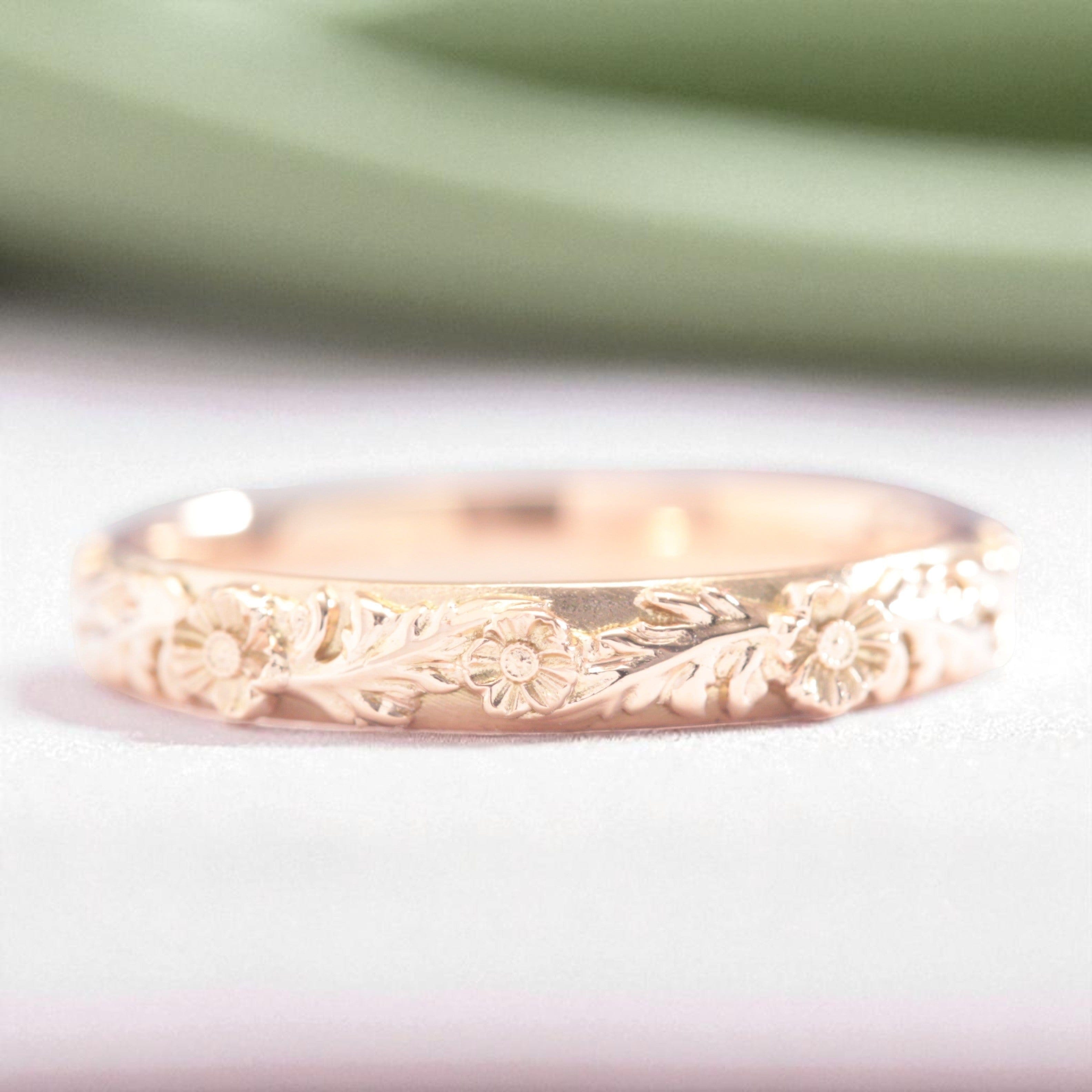 trio poppy flower leaf wedding ring