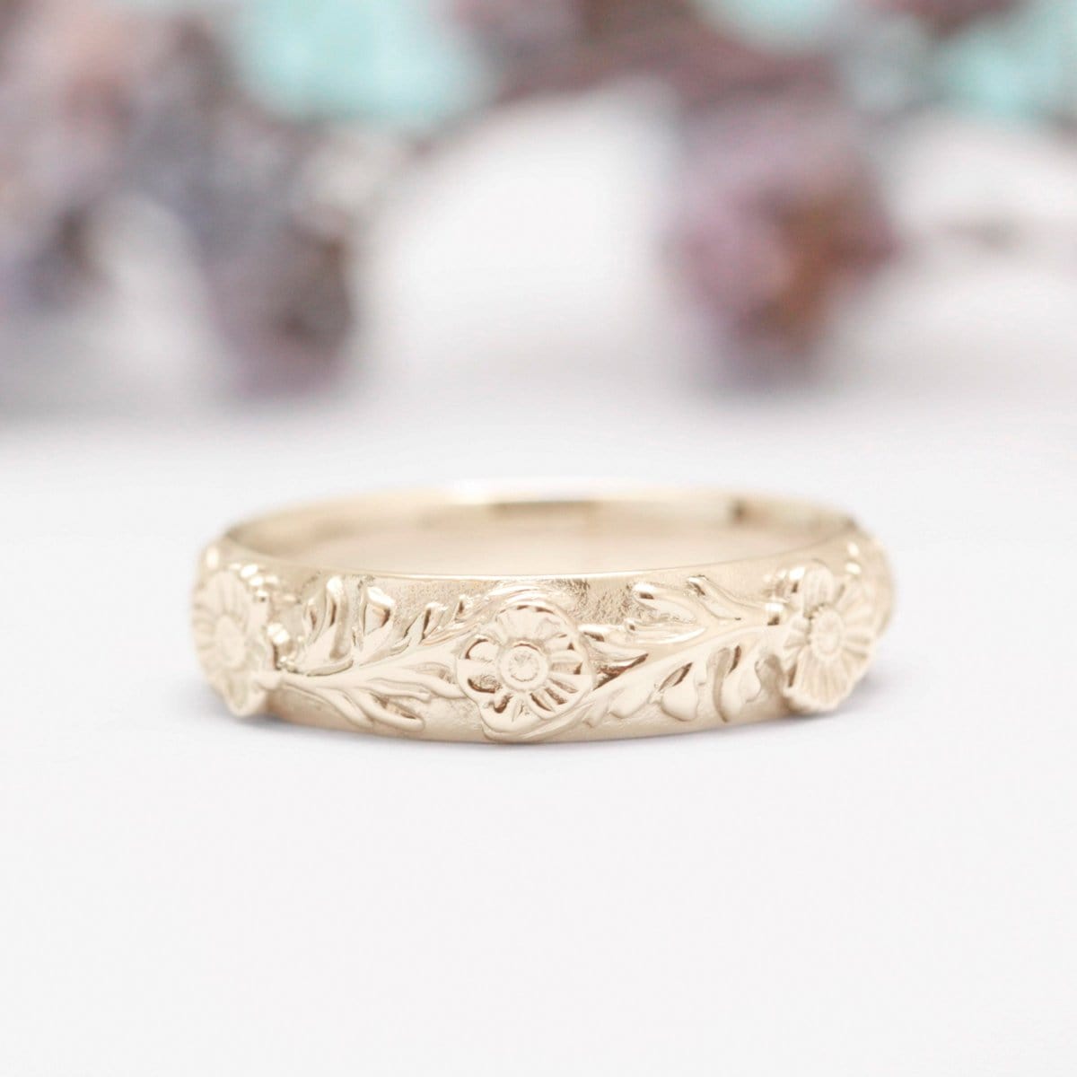 wide Poppy Leaf Wedding Ring yellow gold