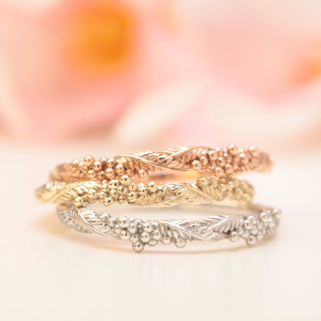 nature wedding bands with leaves and flowers