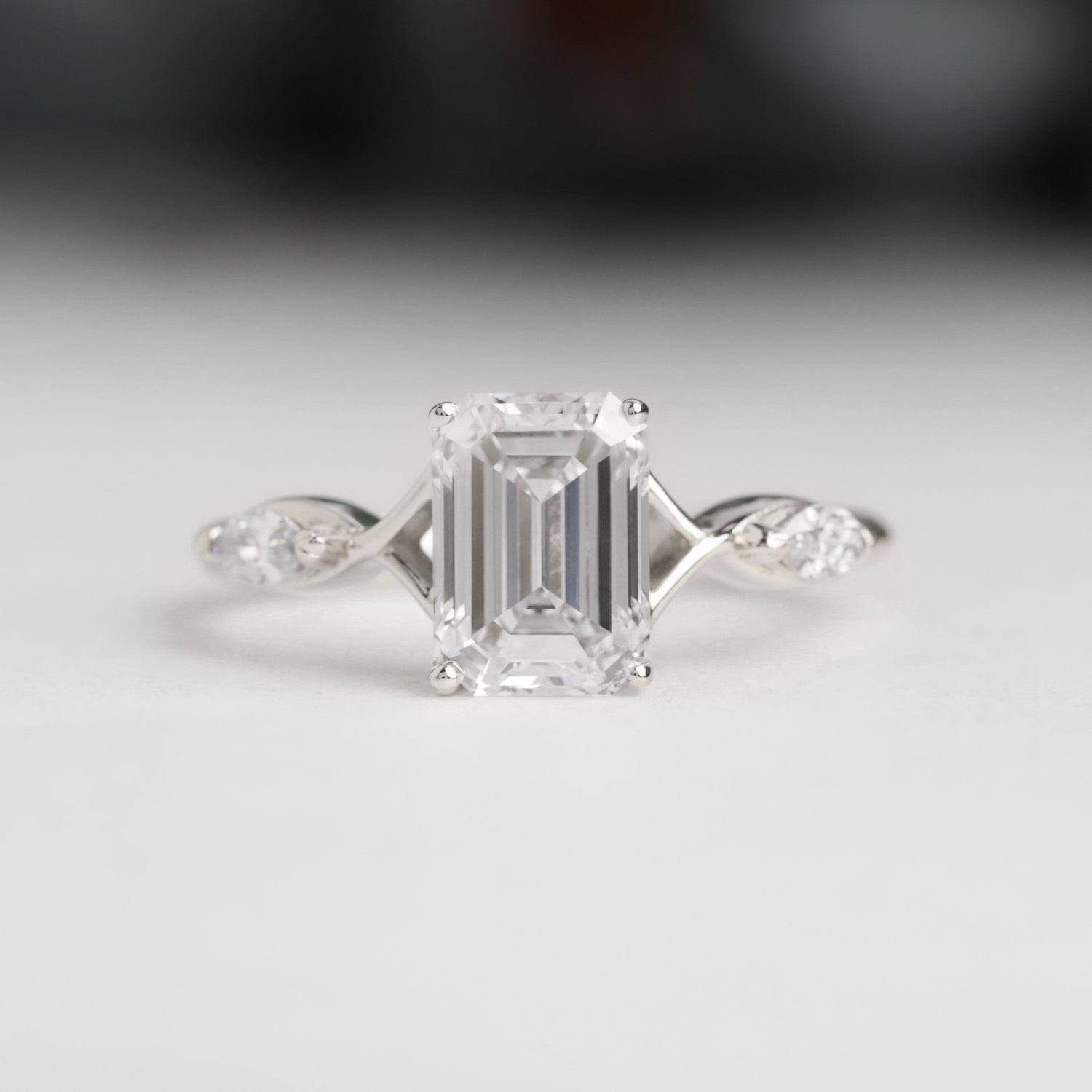 Emerald cut lab diamond engagement ring spellbound white gold