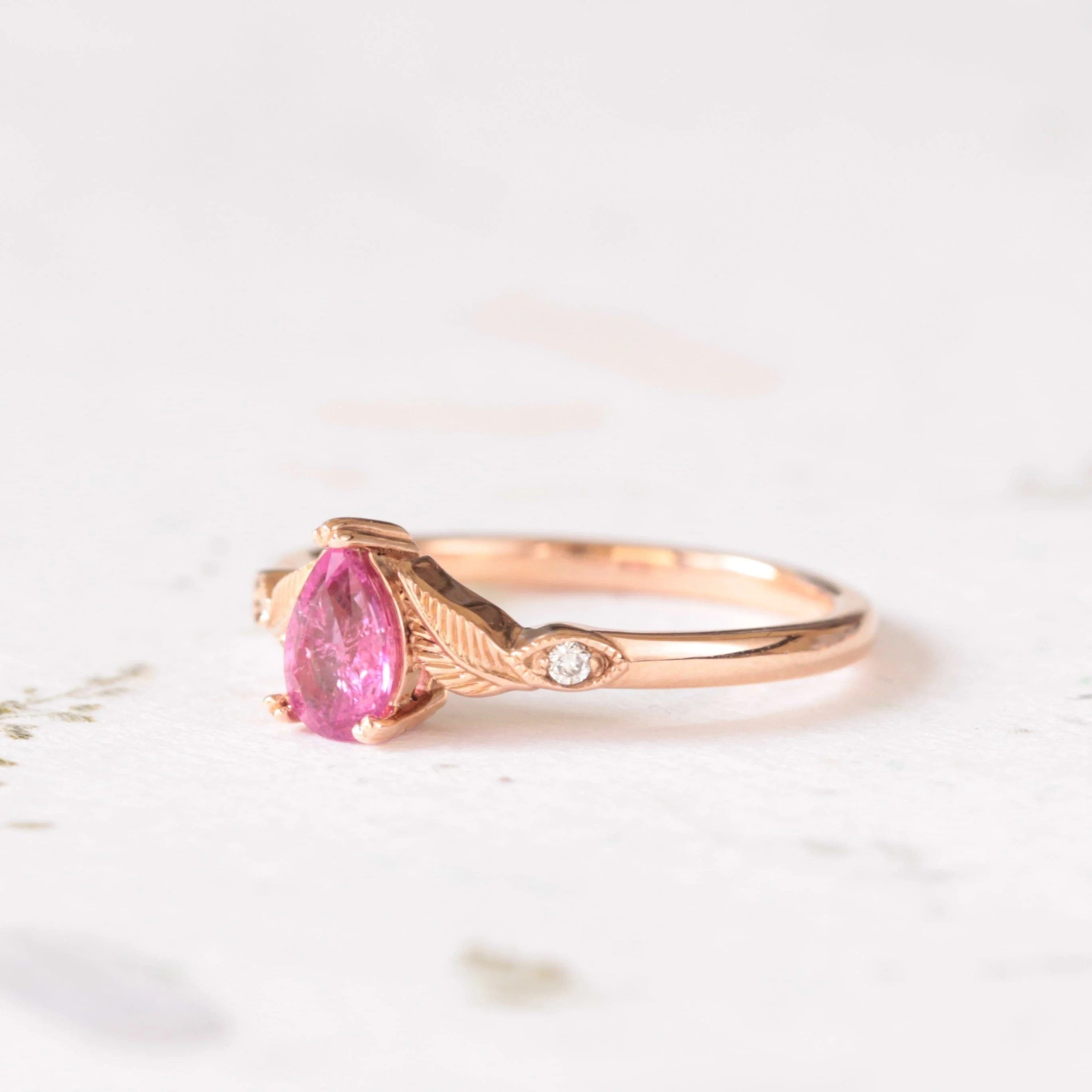 Rubellite Leaf Engagement Ring