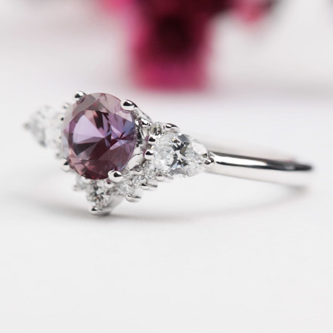 Alexandrite and lab diamond cluster engagement ring white gold 