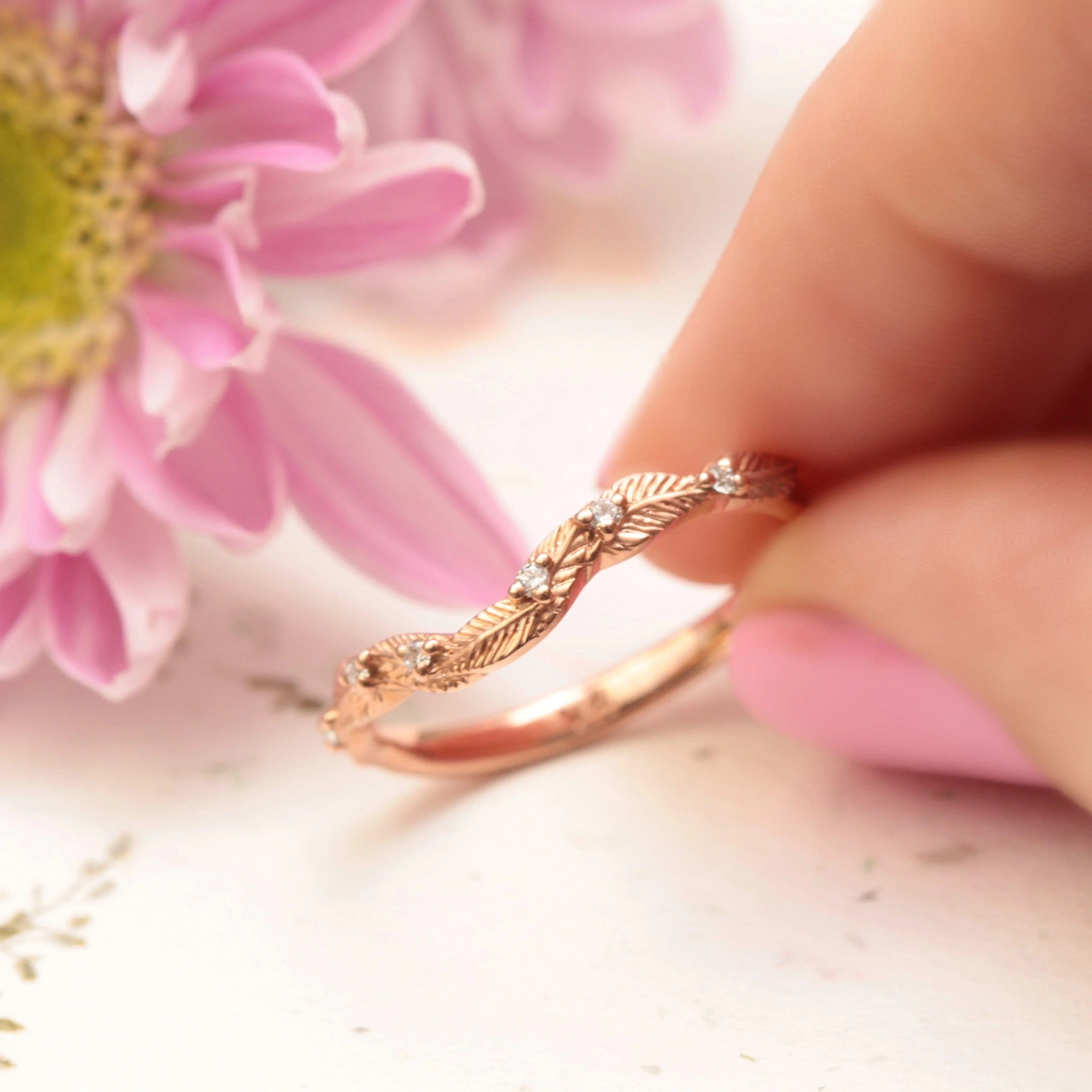 Curved Diamond Leaf Wedding Ring