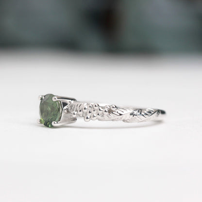 green sapphire wattle leaf engagement ring white gold