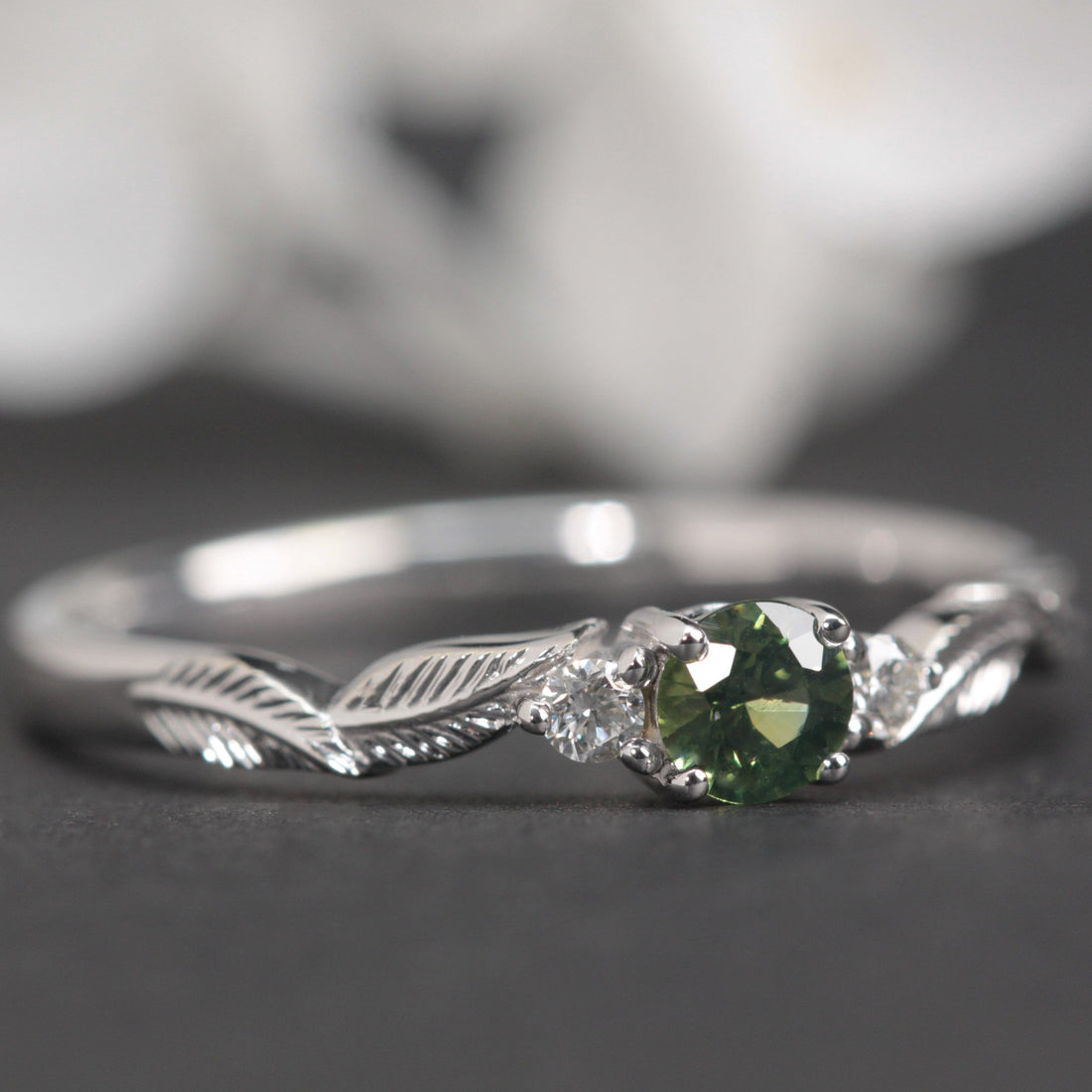 Green Sapphire and Diamond Leaf Engagement Ring - Vinny &amp; Charles