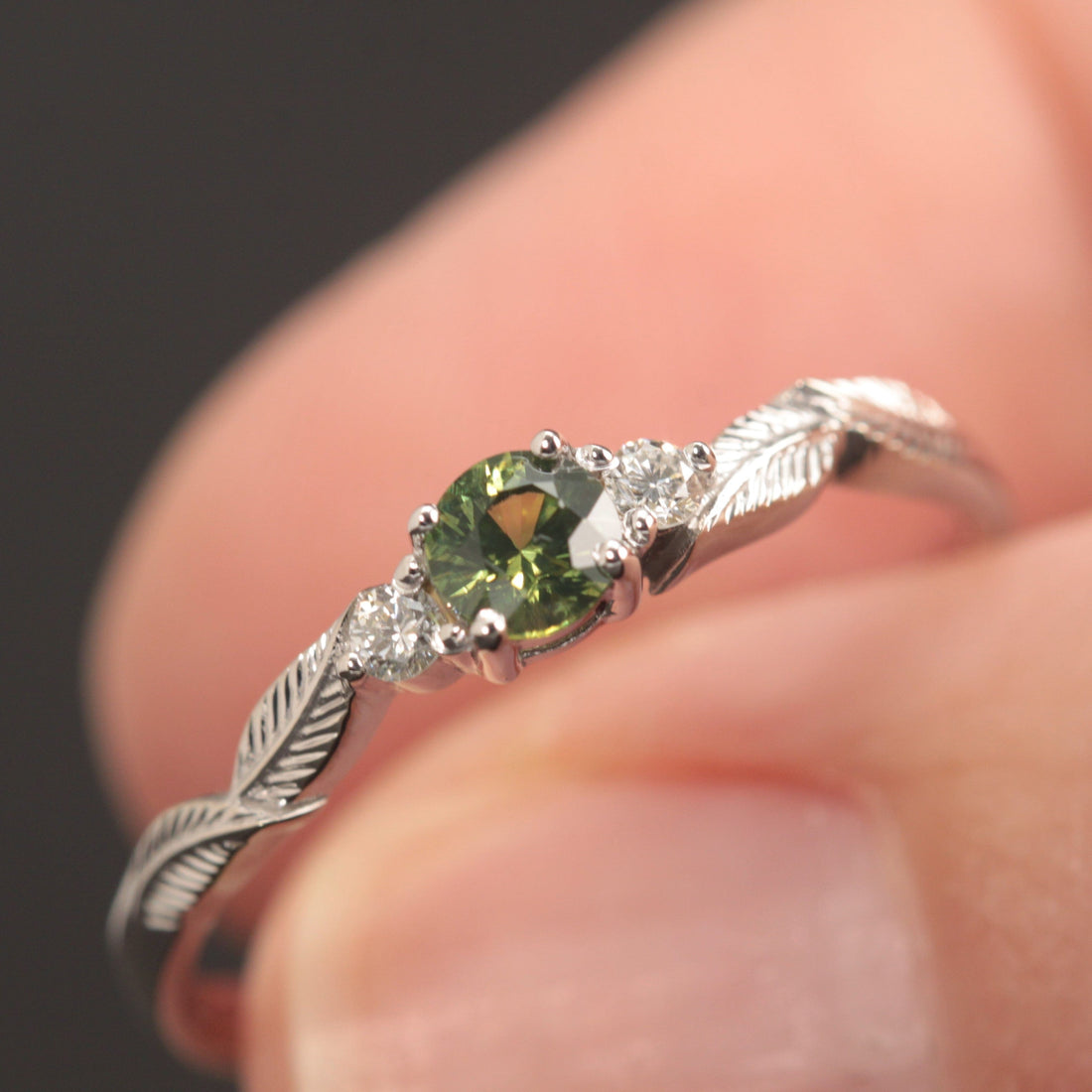 Green Sapphire and Diamond Leaf Engagement Ring - Vinny &amp; Charles