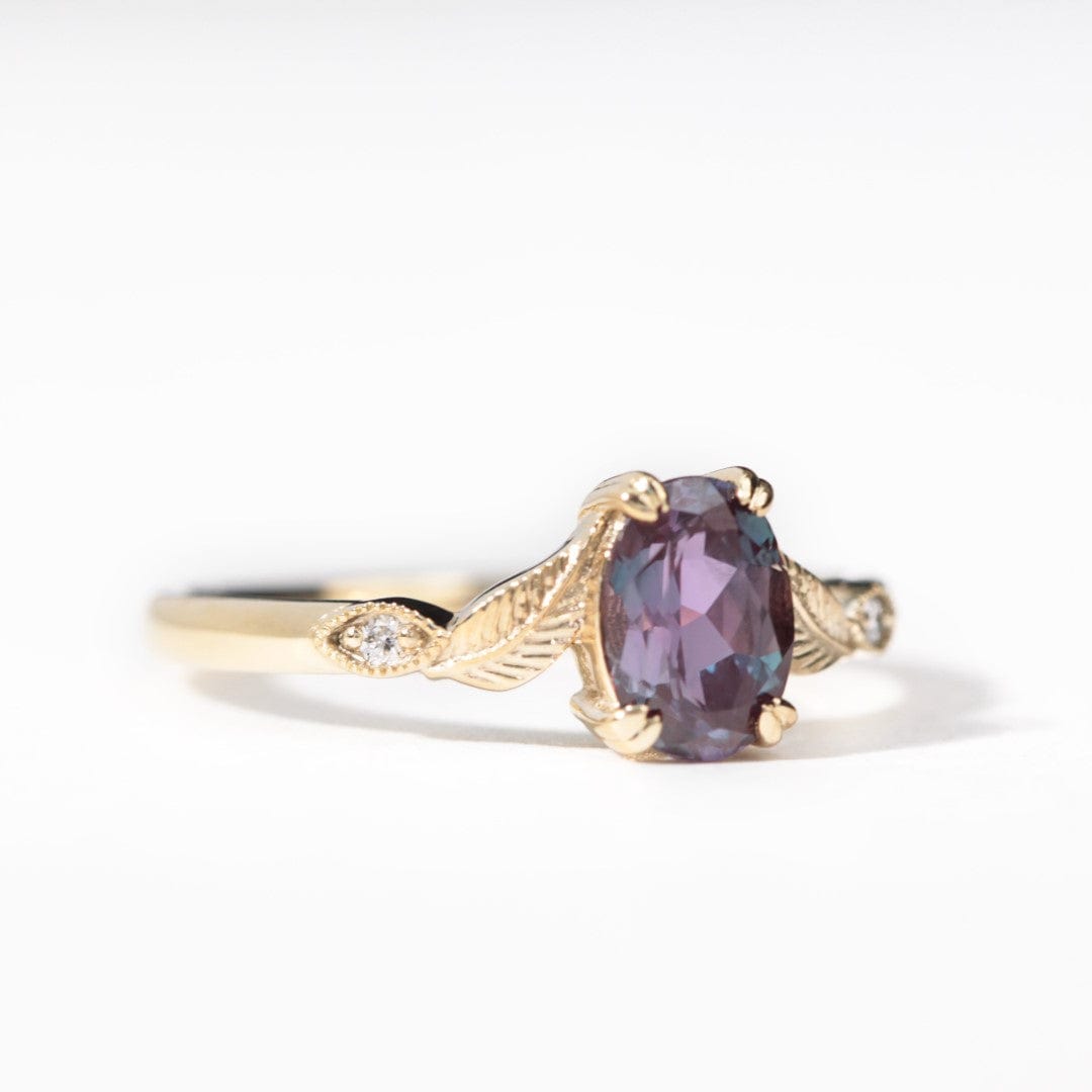 oval alexandrite and lab diamond engagement leaf ring