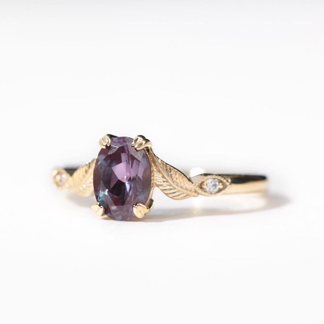 oval alexandrite and lab diamond engagement leaf ring