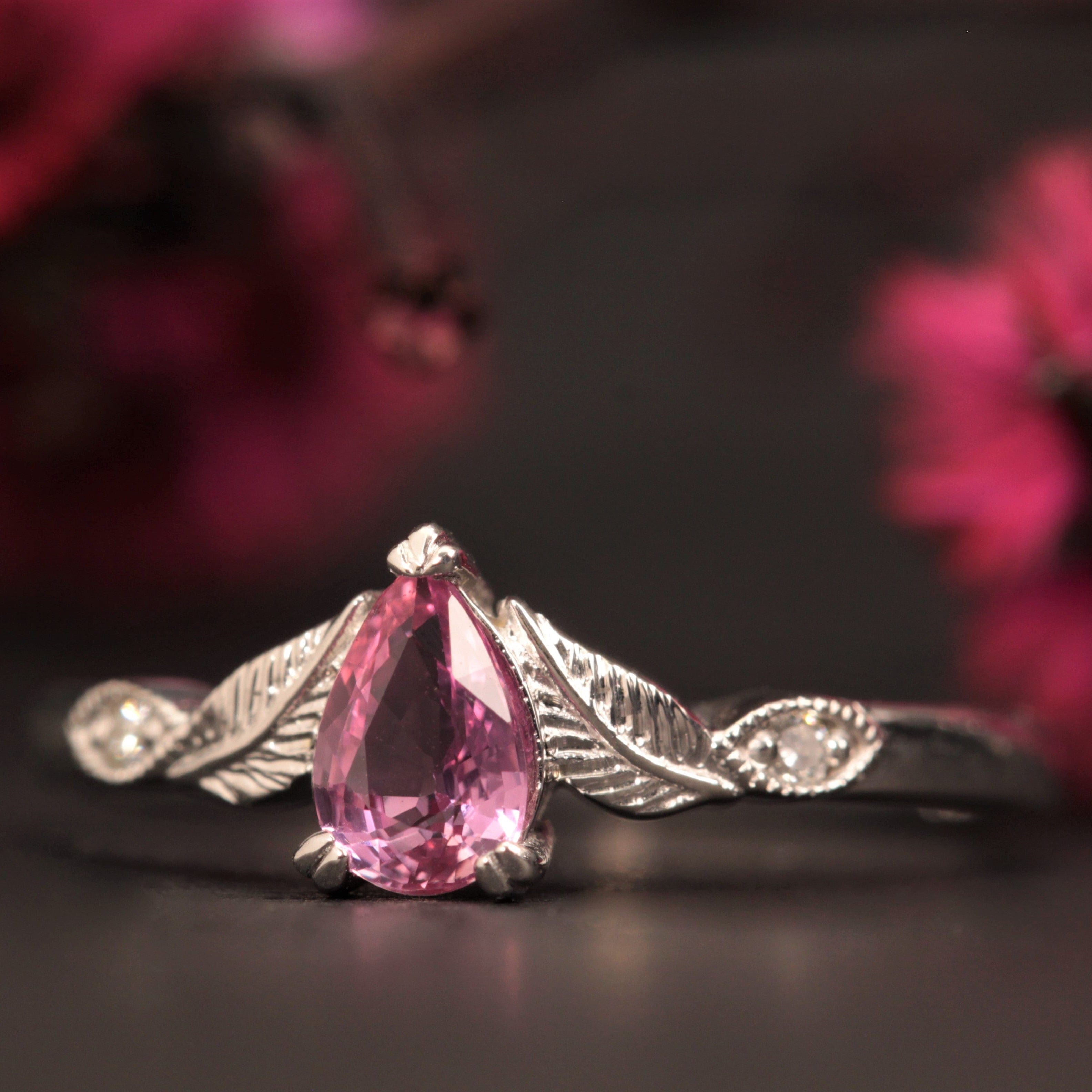 pear pink sapphire and diamond leaf engagement ring