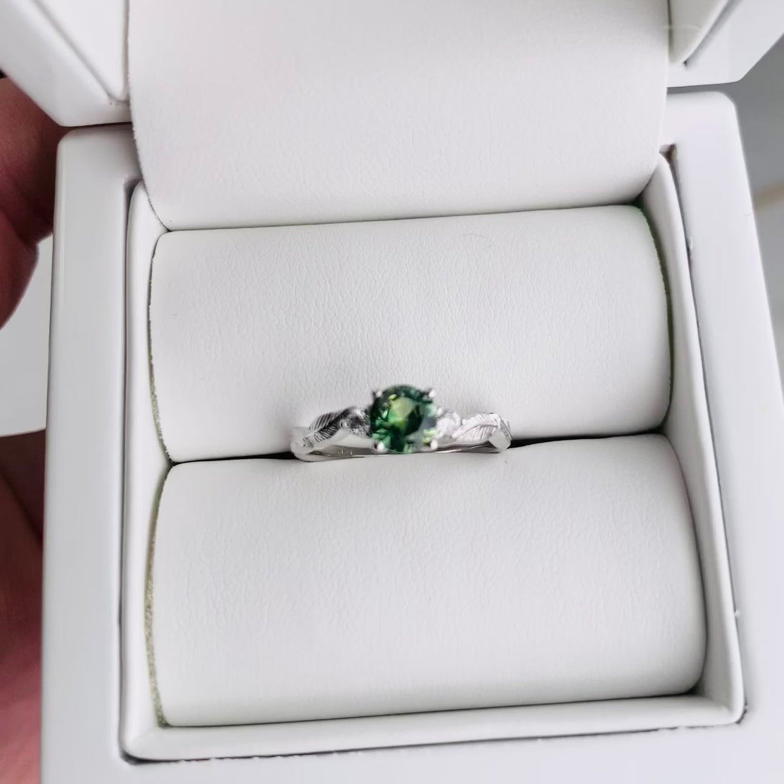 green sapphire diamond leaf engagement ring white gold