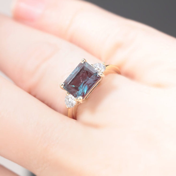 east west radiant alexandrite and lab diamond engagement ring