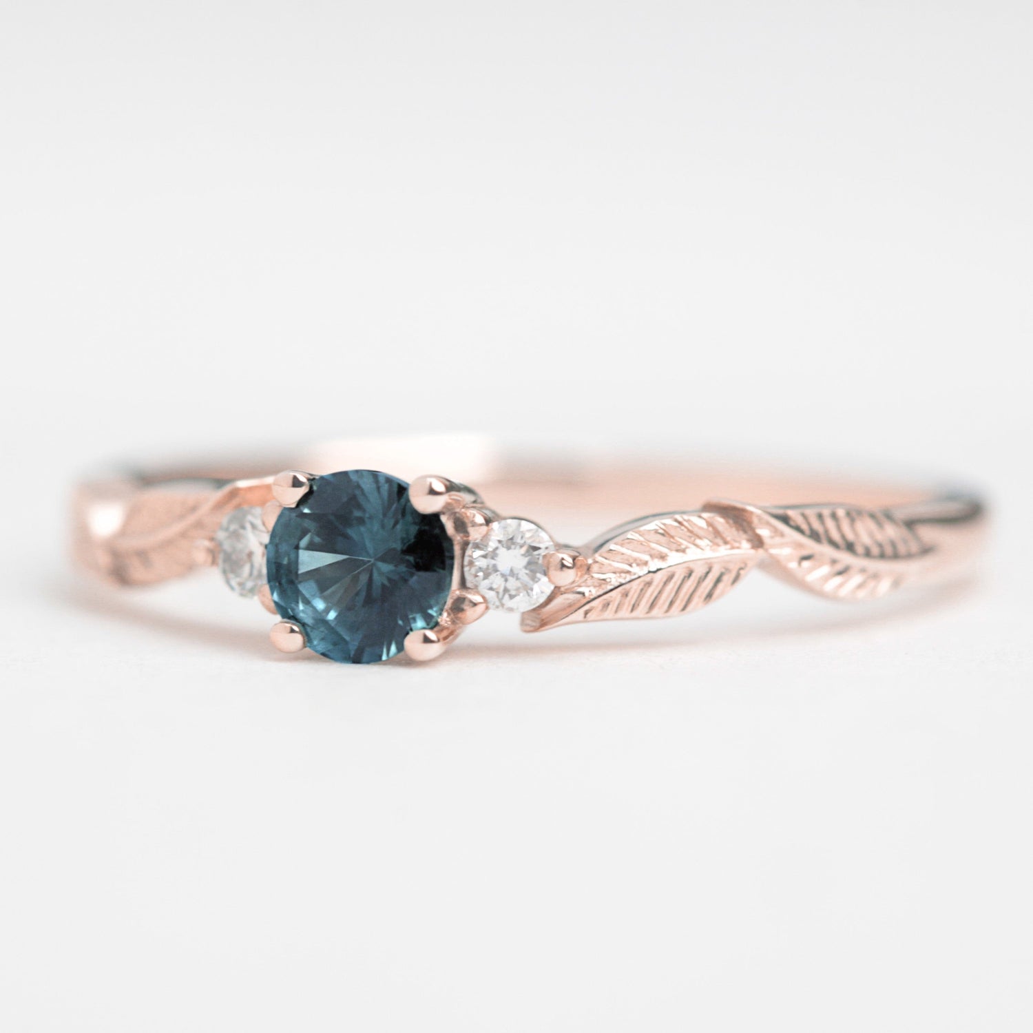 teal sapphire diamond leaf engagement ring rose gold square