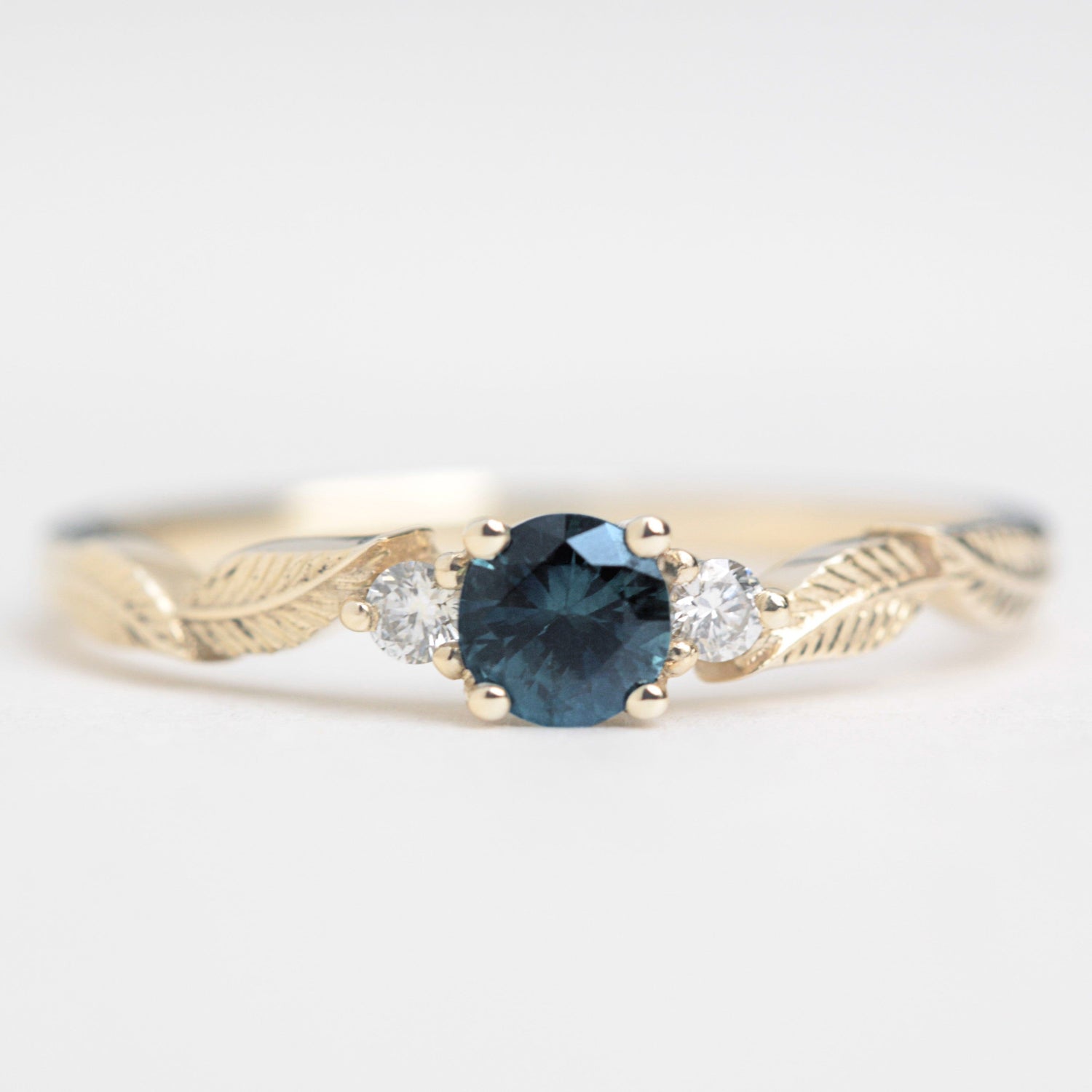 teal sapphire diamond leaf engagement ring yellow gold square