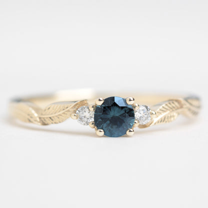 teal sapphire diamond leaf engagement ring yellow gold square