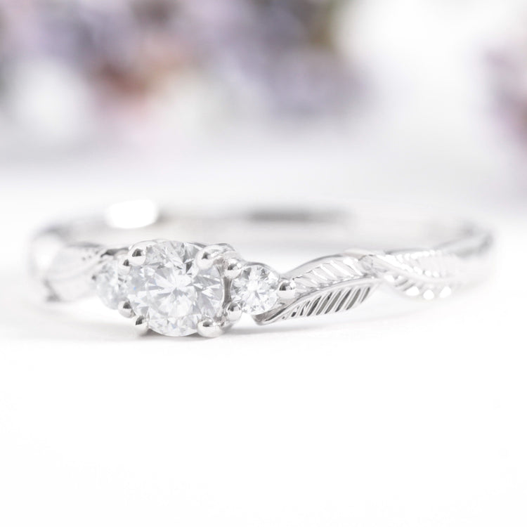 three diamond leaf engagement ring white gold