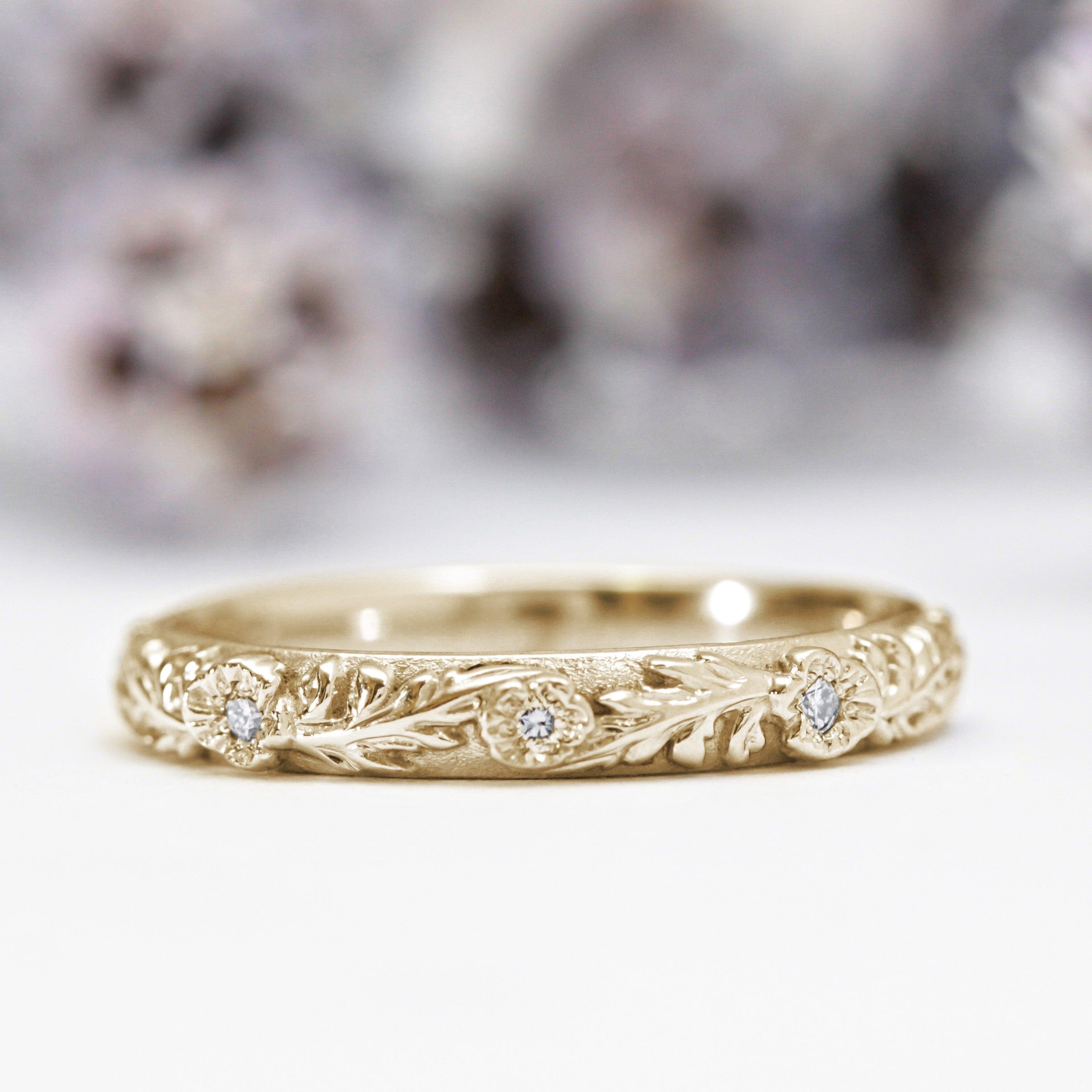 Diamond Trio Poppy Flower Leaf Wedding Band - Vinny &amp; Charles