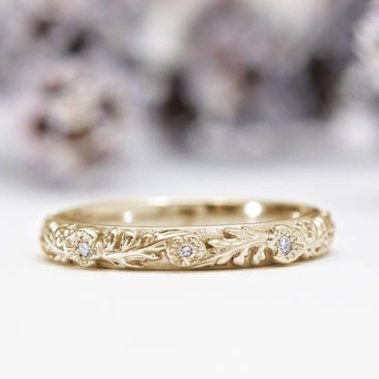 Diamond Trio Poppy Flower Leaf Wedding Band - Vinny &amp; Charles