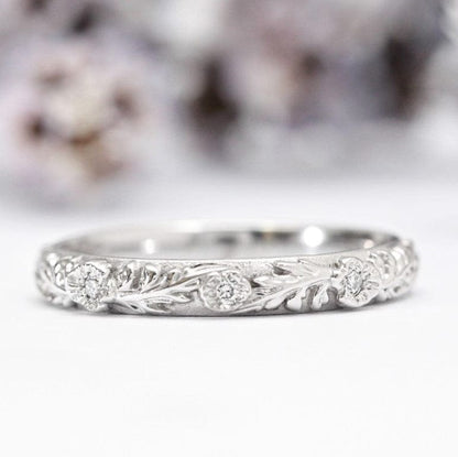 Diamond Trio Poppy Flower Leaf Wedding Band - Vinny &amp; Charles