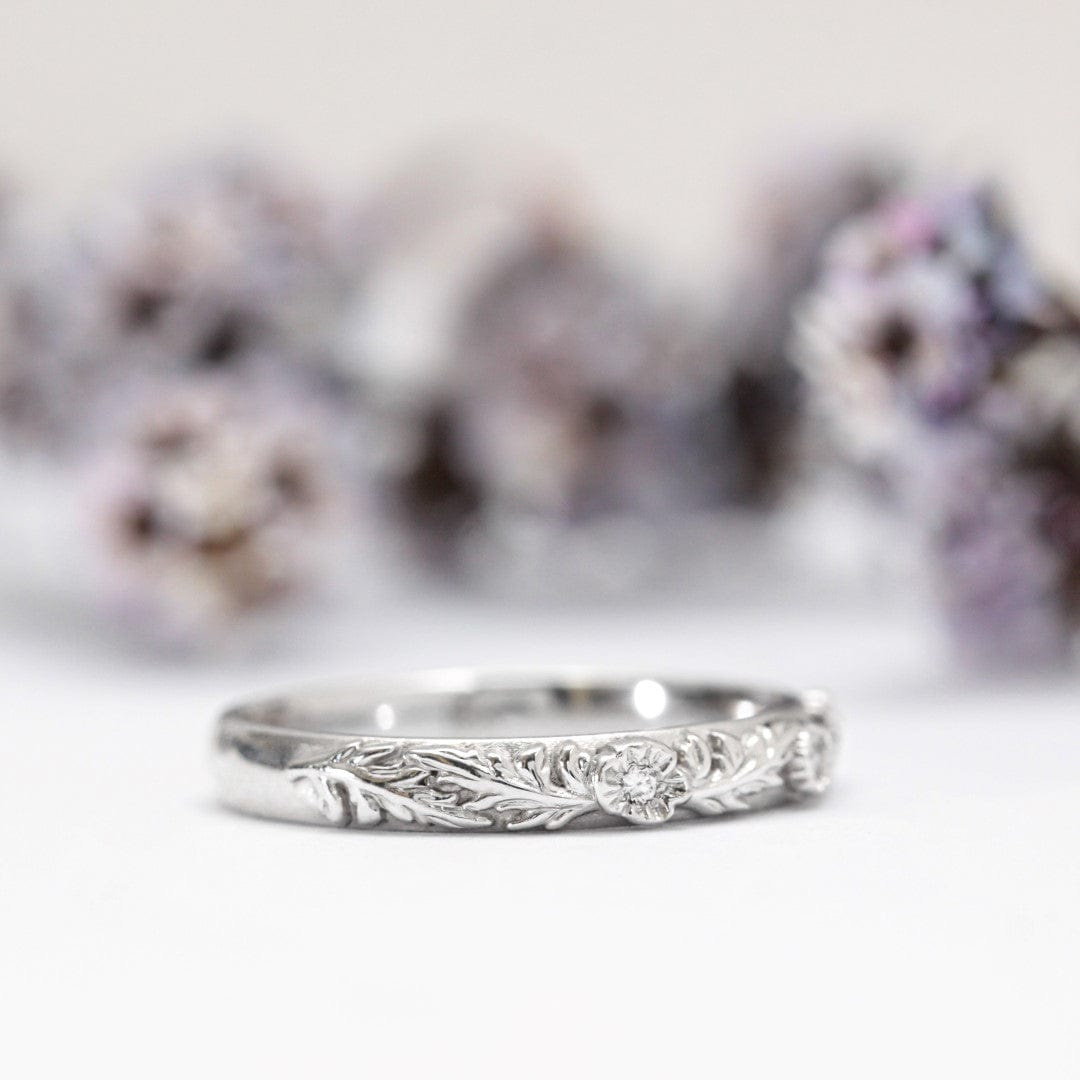 Diamond Trio Poppy Flower Leaf Wedding Band - Vinny &amp; Charles